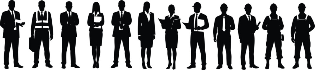 Professional workers, business team, office staff, engineers, silhouettes, men and women, workforce illustration, career occupation, black vector people
