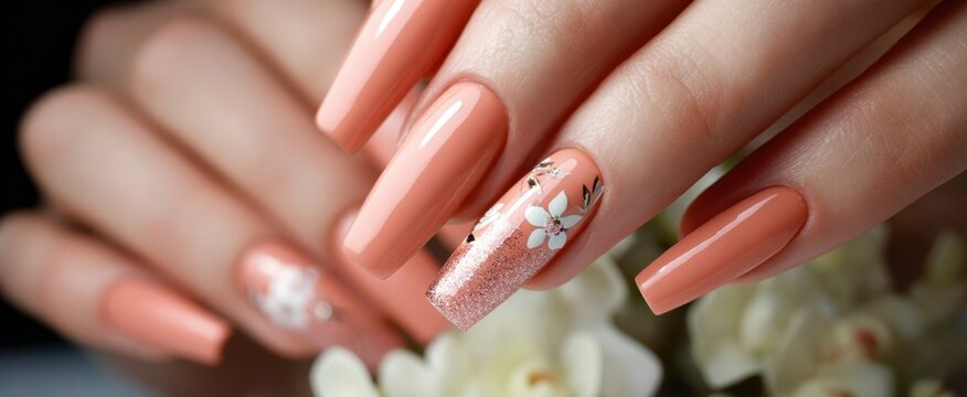 The stunning peach manicure with floral designs and glossy finish. - Powered by Adobe