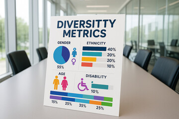Diversity Metrics Infographic Gender Ethnicity Age Disability Charts Data White Background Office Setting