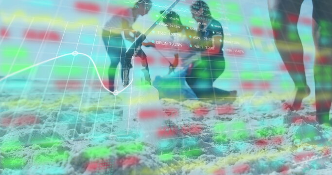 Digging African American woman kneeling on beach at waterline, with shovel and market chart overlay - Powered by Adobe