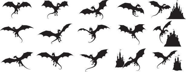 Dragon silhouette vector art illustration pack fantasy mythical creatures castle graphic design elements
