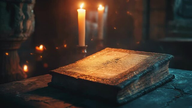 Mysterious atmosphere surrounds an ancient, glowing book illuminated by candlelight, resting on a stone surface in a dark and enigmatic environment