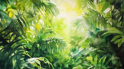 Lush Tropical Rainforest Watercolor Painting:Sunlight Dappled Canopy