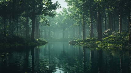 Serene Forest River: A Digital Painting of Tranquil Nature
