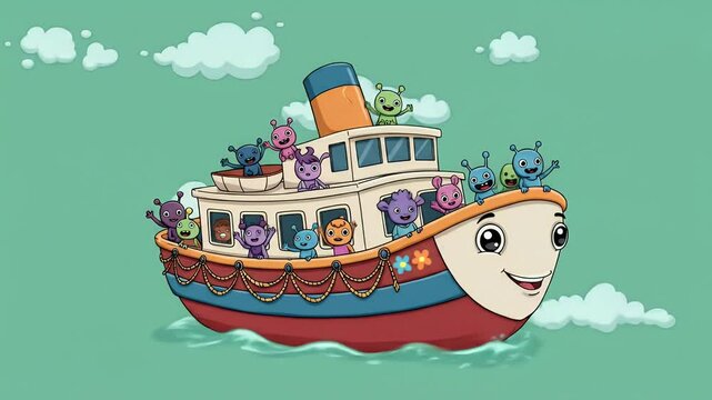 Friendly aliens on a cartoon ship