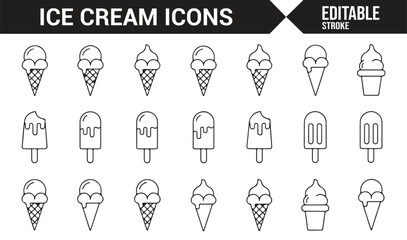 Ice Cream Cone, Popsicle, and Sundae Icons for Summer Desserts in Vector Style