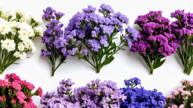 Arrangement of vibrant multicolored limonium sinuatum statice flowers in spectrum of pink purple and white on a clean background.