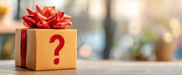 The mystery gift box with a question mark inviting curiosity and excitement.