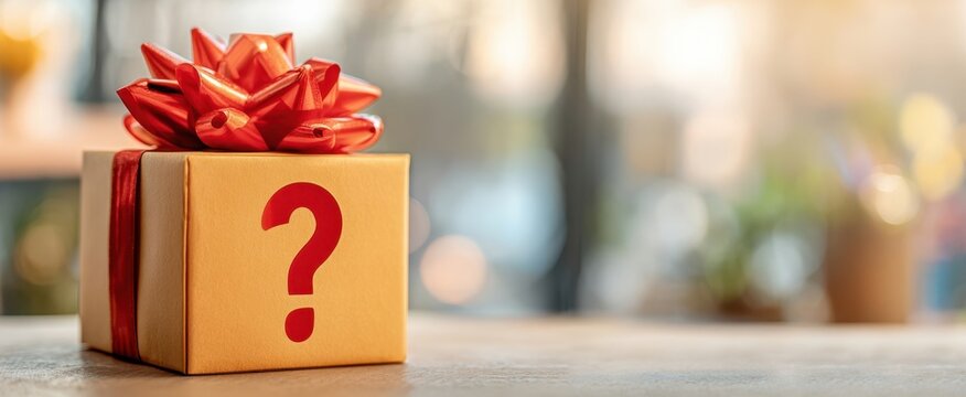 The mystery gift box with a question mark inviting curiosity and excitement.