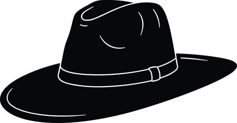 Black cowboy style wide brim hat vector illustration, retro western headwear graphic, stylish fedora silhouette, vintage fashion accessory