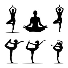 Yoga Silhouette Vector Set &ndash; Women in Meditation and Balance Poses on White Background