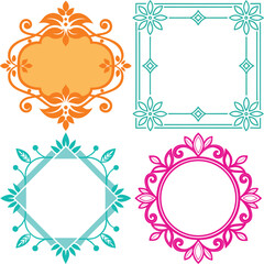 Four Floral Frames with Retro Outlines in Orange, Teal, and Fuchsia on White