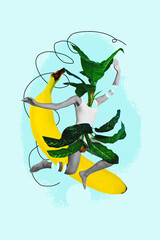 Vertical image sketch vertical collage of anonym female girl aboriginal australian tribe instead head palm leaves hula skirt banana