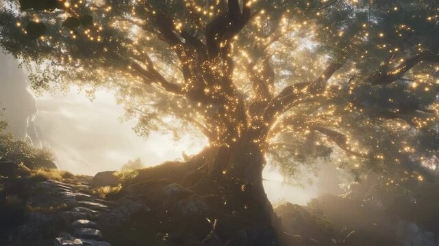 Golden light illuminates yggdrasil, the world tree in norse cosmology, its branches reaching towards the heavens, symbolizing interconnectedness and wisdom