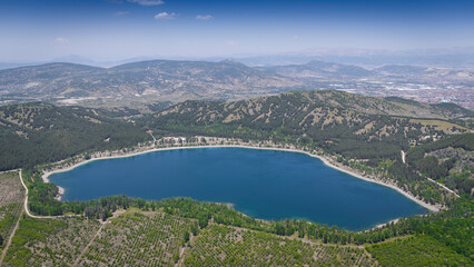 Aerial view Golcuk Nature Park lake, which is located in mid west Turkey.