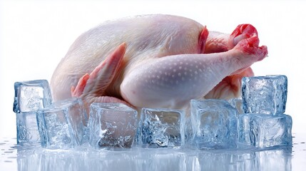 Whole raw chicken surrounded by ice cubes on white background