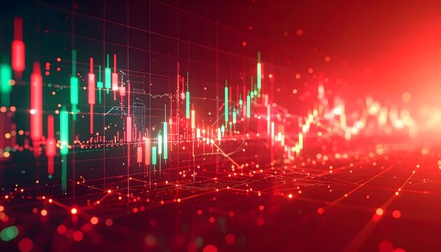 Bear market concept shown with a futuristic 3D holographic candlestick chart on a cautionary red background. Visualizing financial decline, stock market risk, and trading data. Ultra-detailed.