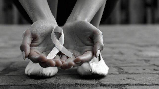 A woman holding a ribbon in her hands