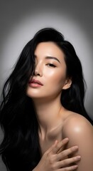 Radiant Beauty Portrait of a Woman with Long Black Hair and Glowing Skin