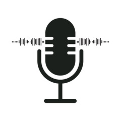 Retro Microphone Icon Sound Waves, Audio Recording, Podcast Symbol. Illustration Vector