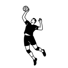 Black and white vector illustration of a volleyball player spiking the ball