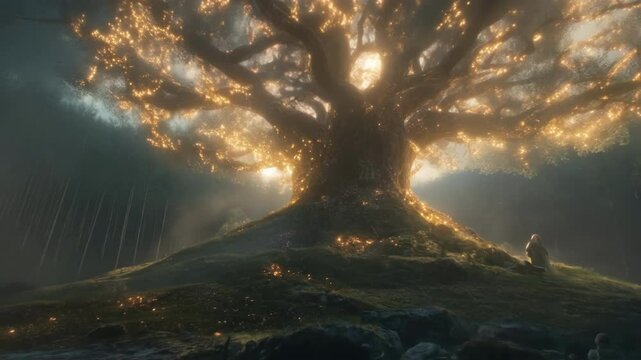 Golden lights illuminate leaves of enormous yggdrasil tree, while cloaked viking contemplates its mystical presence in a fantastical norse world