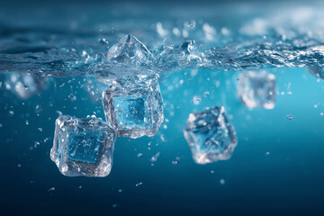 Ice cubes plunge into cool, clear water, creating splash and bubbles, perfect for a refreshing drink.