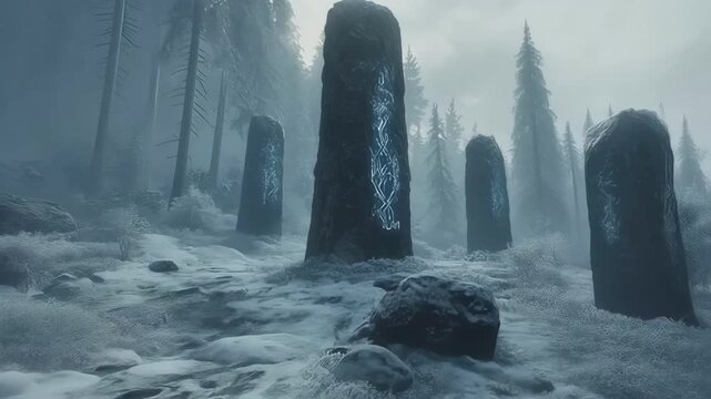 Glowing runestones radiating mystical energy amid snow blanketed forest landscape, revealing ancient norse mythological symbolism and spiritual traditions