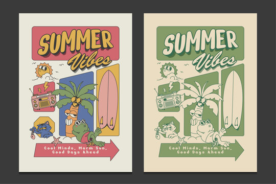 summer poster with chill cartoon characters, vector illustration