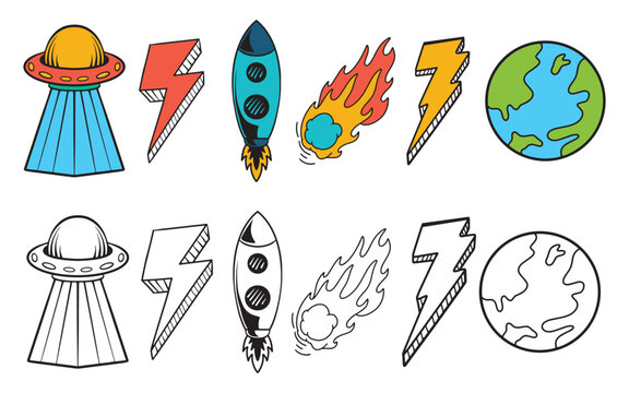 Retro 70's doddle vector set, rockets, fire ball, globe