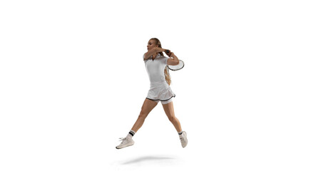 Woman tennis player playing tennis on white background.