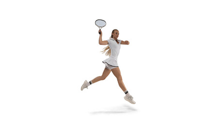 Woman tennis player playing tennis on white background.