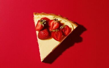 Top-down view of New York cheesecake slice topped with fresh strawberries on red background.