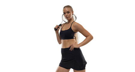 Woman tennis player playing tennis on white background.