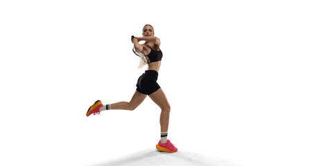 Woman tennis player playing tennis on white background.