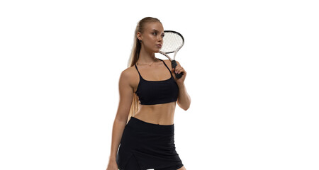 Woman tennis player playing tennis on white background.