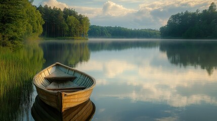 Obraz premium A serene scenic view of lake with a wooden boat
