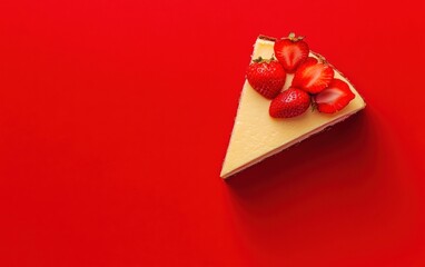 Top-down view of New York cheesecake slice topped with fresh strawberries on red background.
