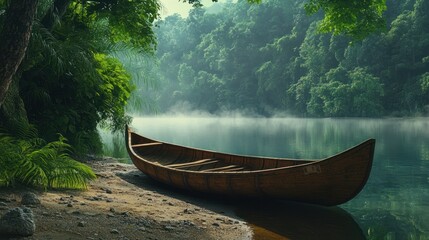 Serene Morning by the Lake: A Wooden Canoe Awaits