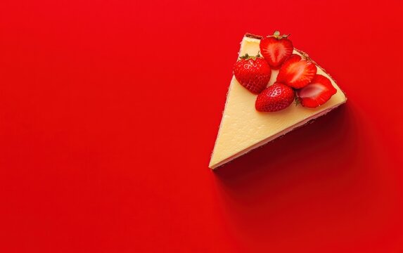 Top-down view of New York cheesecake slice topped with fresh strawberries on red background.