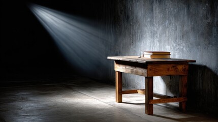 Fototapeta premium A wooden table with a book on it is lit by a bright light