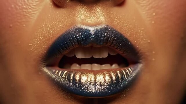 Close up of lips with dark blue and gold lipstick and glistening skin in a beauty shot style