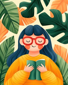 Cozy reader enjoying a moment of tranquility amid vibrant tropical leaves