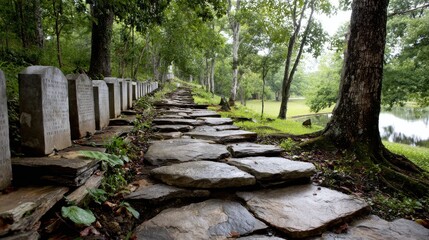 Naklejka premium A stone path with a row of headstones leading to a pond