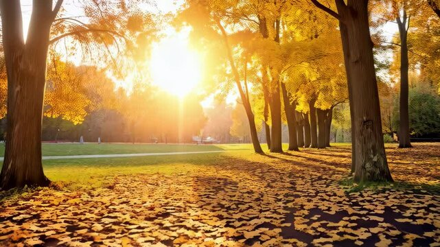 Scenic autumn park landscape with bright golden foliage on trees and ground bathed in warm sunlight creating a peaceful fall atmosphere