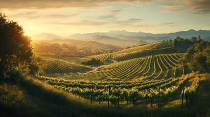 Golden Hour Vineyard Landscape: Rolling Hills and Sun-Kissed Vines
