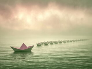 Pink paper boat leading a line of paper boats on a foggy sea