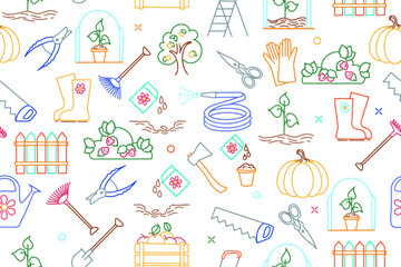 Seamless pattern with elements of garden concept. Line art. Soil, watering can, vegetables, tools, flowers. Garden tools. Berries and fruits. Vector