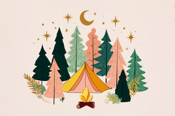 A peaceful camping setting features a bright tent among towering trees under a starry sky. The warm glow of a campfire adds to the serene atmosphere of the forest