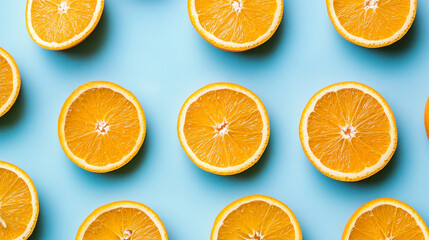 Fototapeta premium Orange slices are scattered across a bright blue background, creating a vibrant and refreshing pattern with strong shadows.